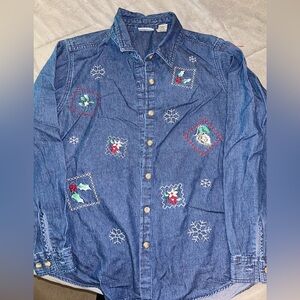 Embroidered Christmas Denim Shirt for Women